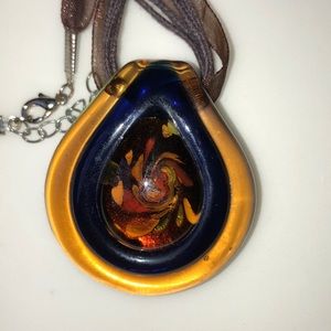 Lime Green Lined Brown and Blue Glass Pendant